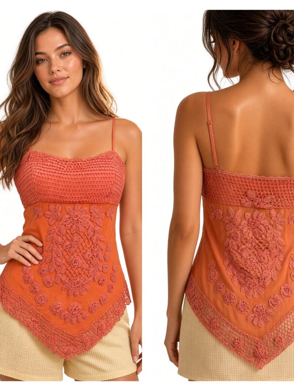 Sue Wong Silk Chifon Y2K Handkerchief Camisole Orange Pink Crochet Top Deco #5